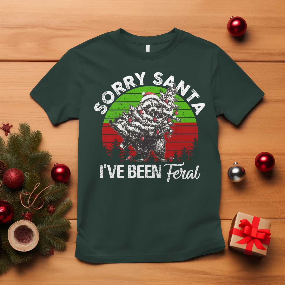 Raccoon Christmas T Shirt Sorry Santa I've Been Feral Retro Xmas Tree - Wonder Print Shop