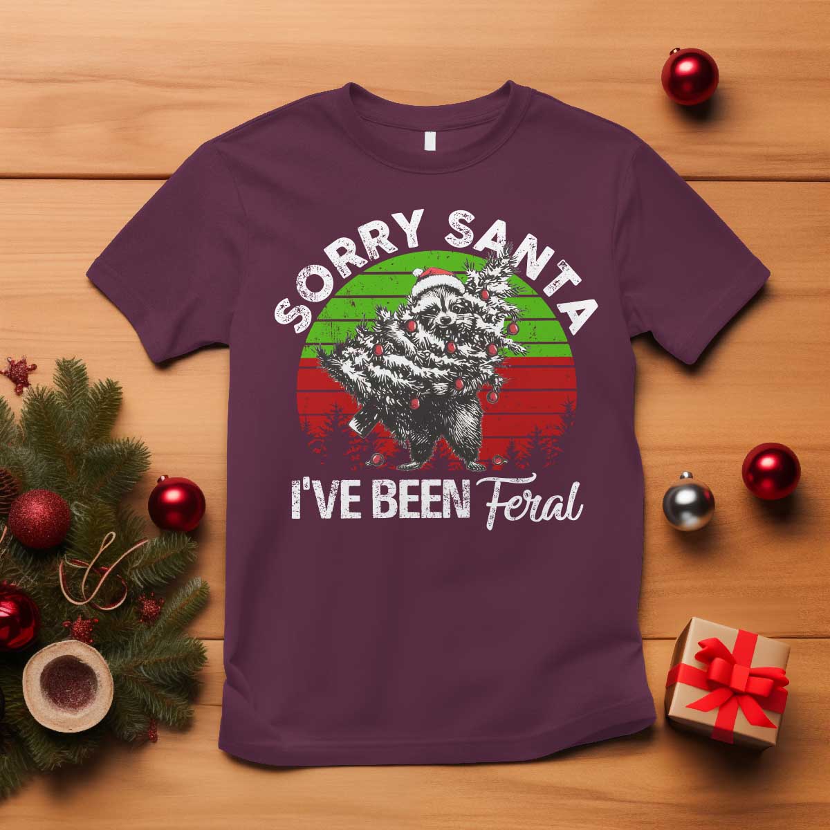 Raccoon Christmas T Shirt Sorry Santa I've Been Feral Retro Xmas Tree - Wonder Print Shop
