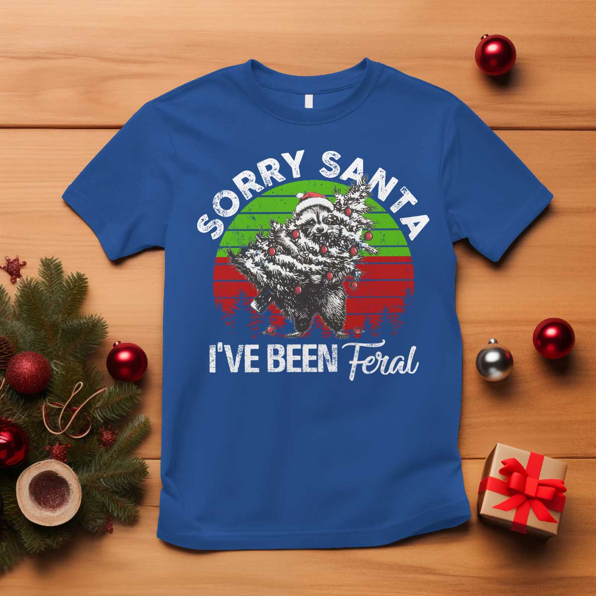 Raccoon Christmas T Shirt Sorry Santa I've Been Feral Retro Xmas Tree - Wonder Print Shop