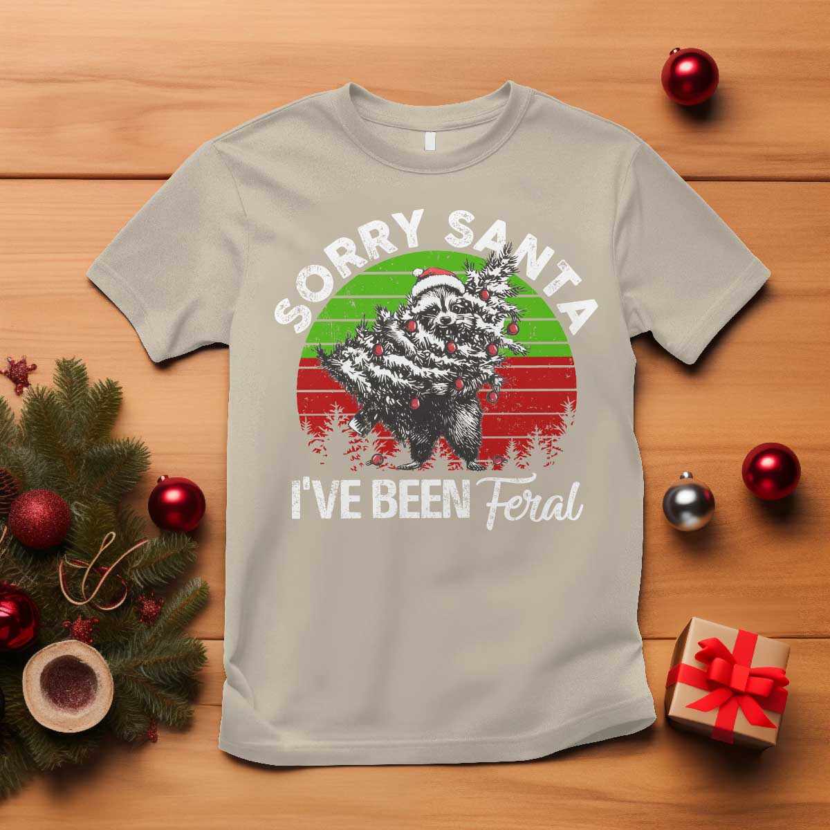 Raccoon Christmas T Shirt Sorry Santa I've Been Feral Retro Xmas Tree - Wonder Print Shop