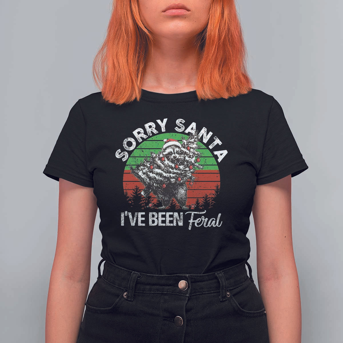 Raccoon Christmas T Shirt For Women Sorry Santa I've Been Feral Retro Xmas Tree - Wonder Print Shop