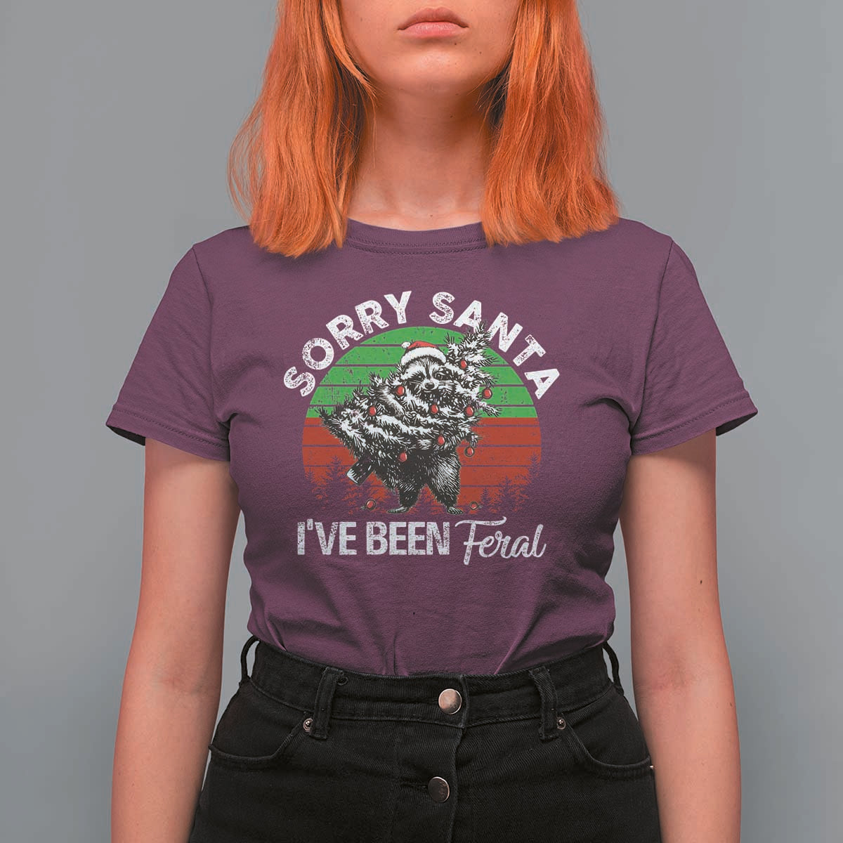 Raccoon Christmas T Shirt For Women Sorry Santa I've Been Feral Retro Xmas Tree - Wonder Print Shop