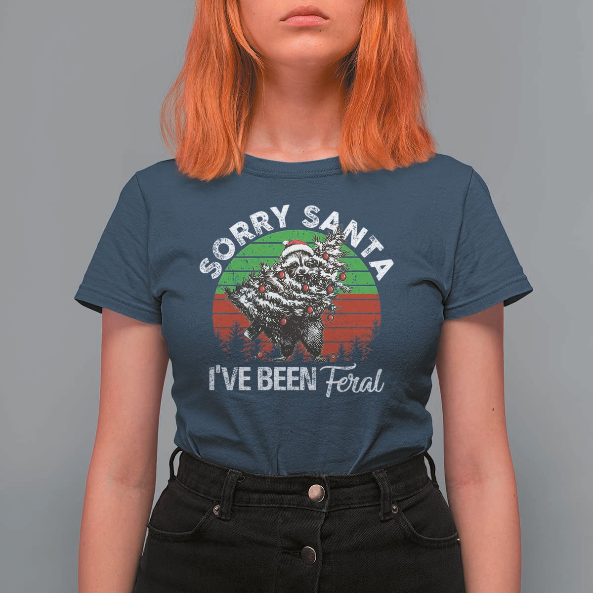 Raccoon Christmas T Shirt For Women Sorry Santa I've Been Feral Retro Xmas Tree - Wonder Print Shop