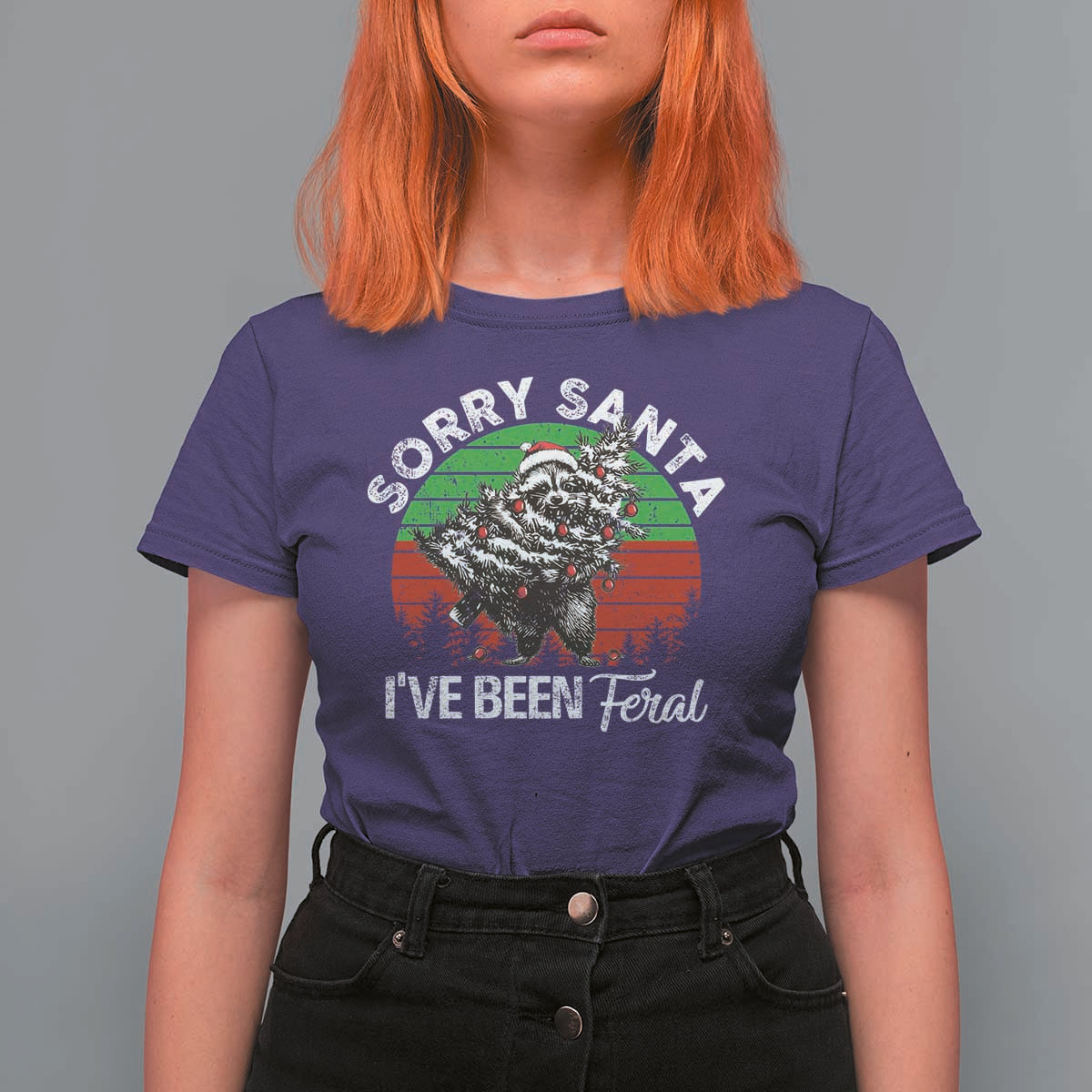 Raccoon Christmas T Shirt For Women Sorry Santa I've Been Feral Retro Xmas Tree - Wonder Print Shop