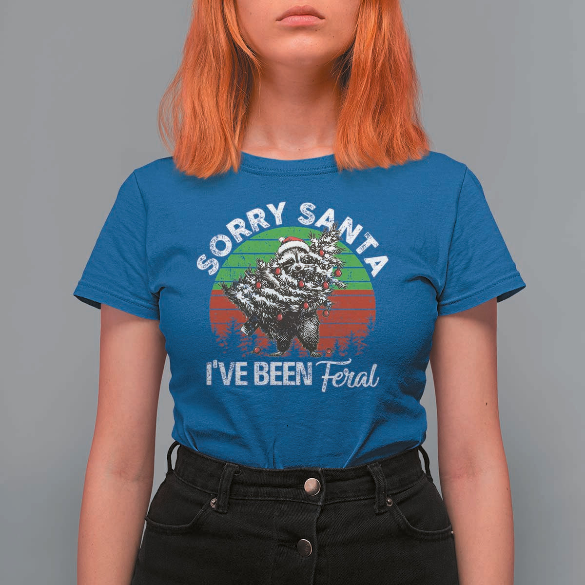 Raccoon Christmas T Shirt For Women Sorry Santa I've Been Feral Retro Xmas Tree - Wonder Print Shop