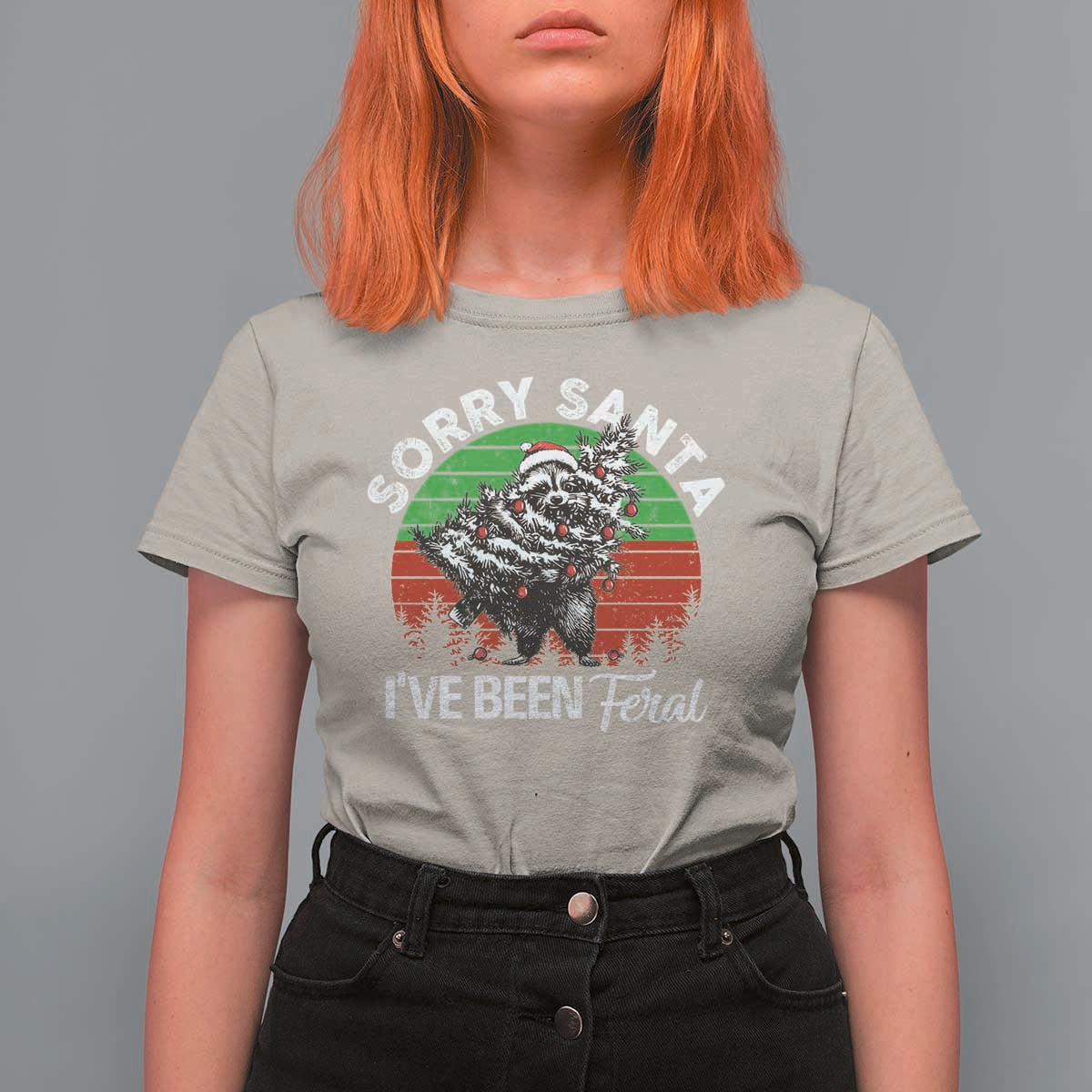 Raccoon Christmas T Shirt For Women Sorry Santa I've Been Feral Retro Xmas Tree - Wonder Print Shop