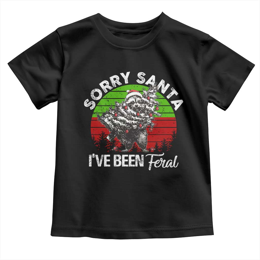 Raccoon Christmas Toddler T Shirt Sorry Santa I've Been Feral Retro Xmas Tree