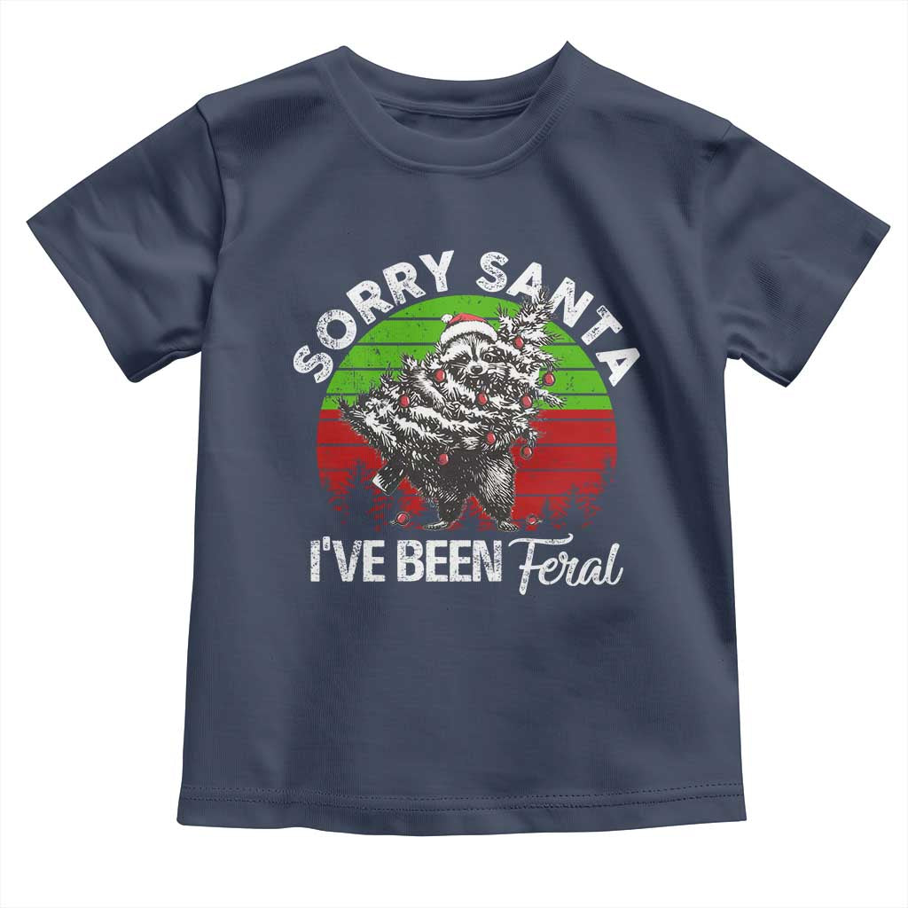 Raccoon Christmas Toddler T Shirt Sorry Santa I've Been Feral Retro Xmas Tree
