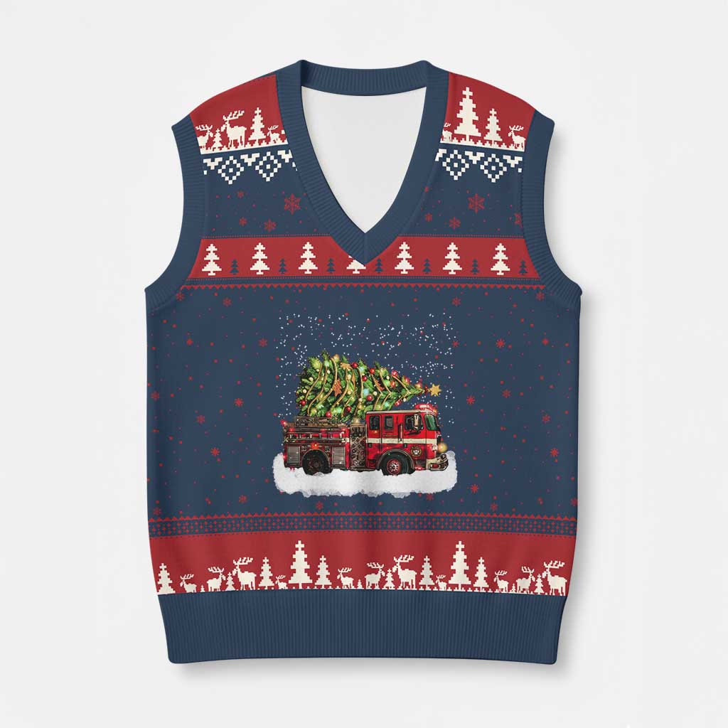 Fire Truck Xmas V-Neck Knit Sweater Vest Fireman Xmas Firefighter - Wonder Print Shop