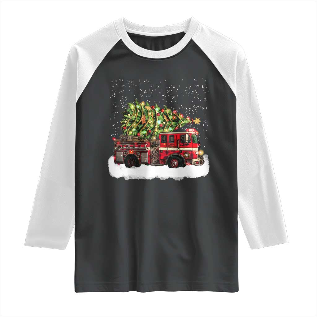 Fire Truck Christmas Raglan Shirt Fireman Xmas Firefighter - Wonder Print Shop