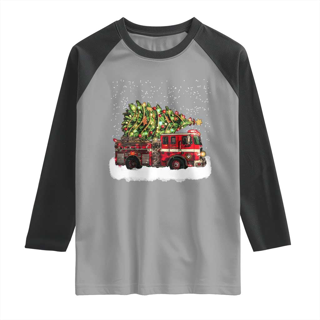 Fire Truck Christmas Raglan Shirt Fireman Xmas Firefighter - Wonder Print Shop