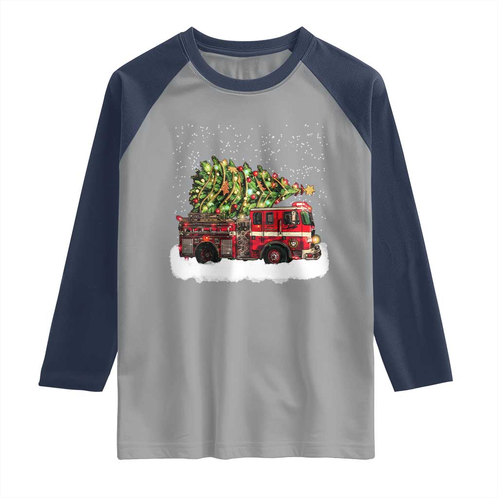Fire Truck Christmas Raglan Shirt Fireman Xmas Firefighter - Wonder Print Shop