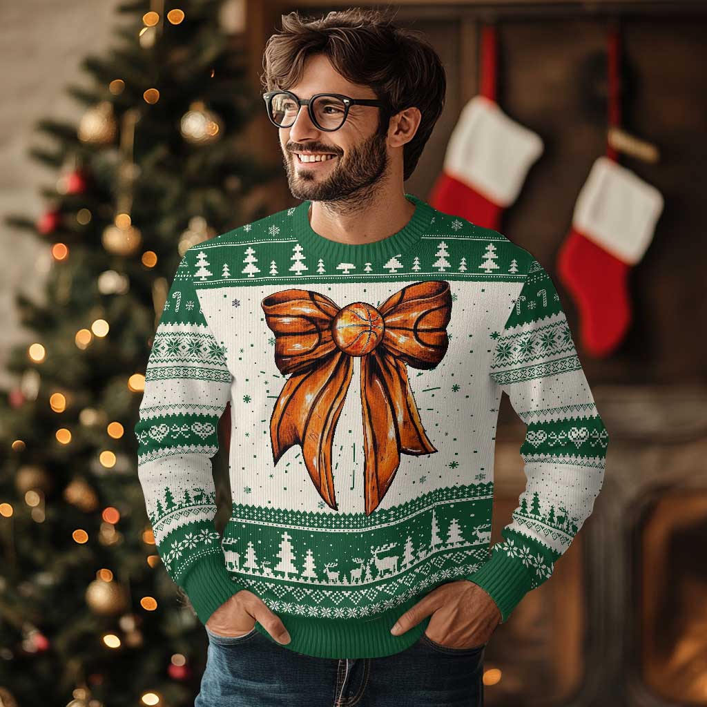 Basketball Coquette Bow Ugly Christmas Sweater Game Day - Wonder Print Shop