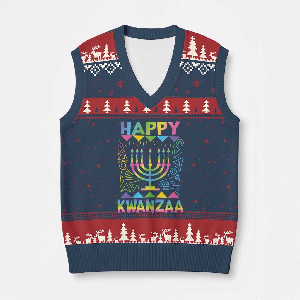 Happy Kwanzaa V-Neck Knit Sweater Vest Xmas African American Heritage Holiday Kinara Mazao - Wonder Print Shop