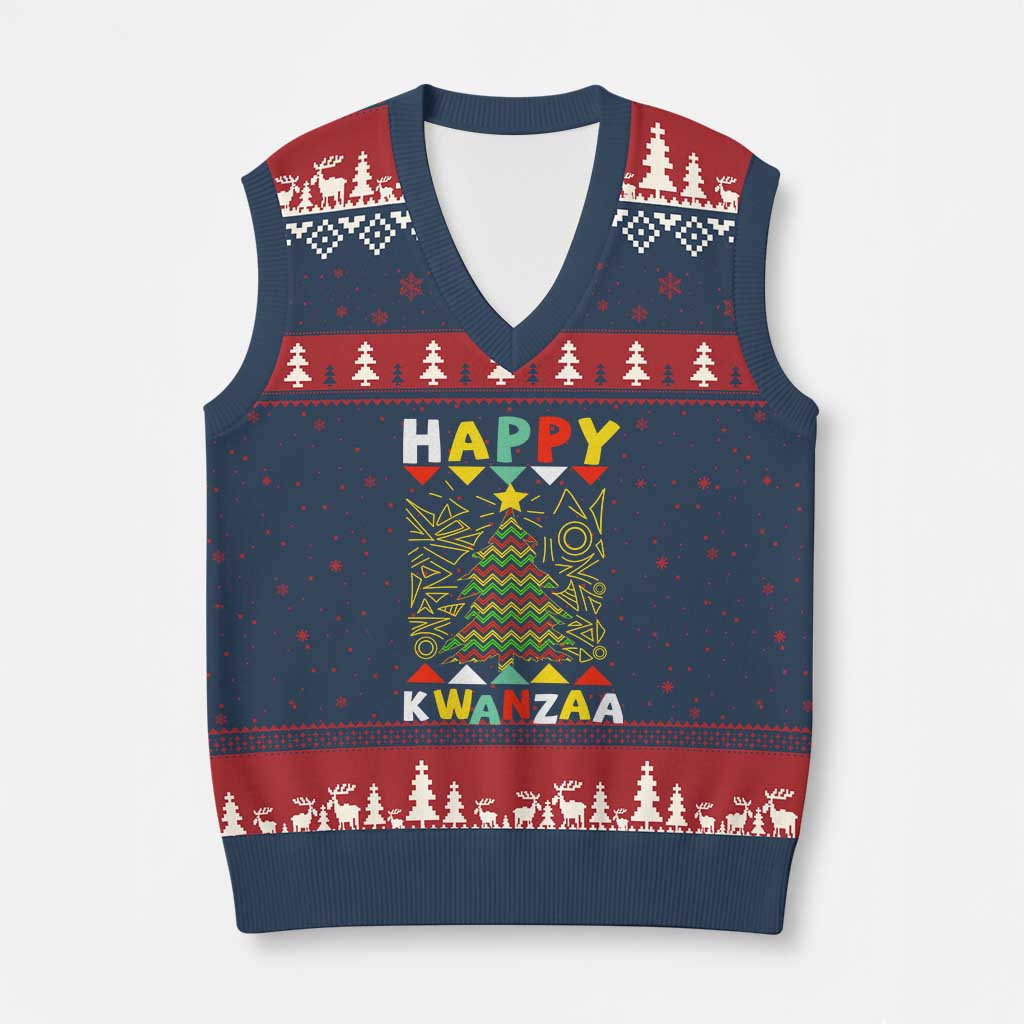 Happy Kwanzaa Xmas V-Neck Knit Sweater Vest African American Holiday Xmas Tree - Wonder Print Shop