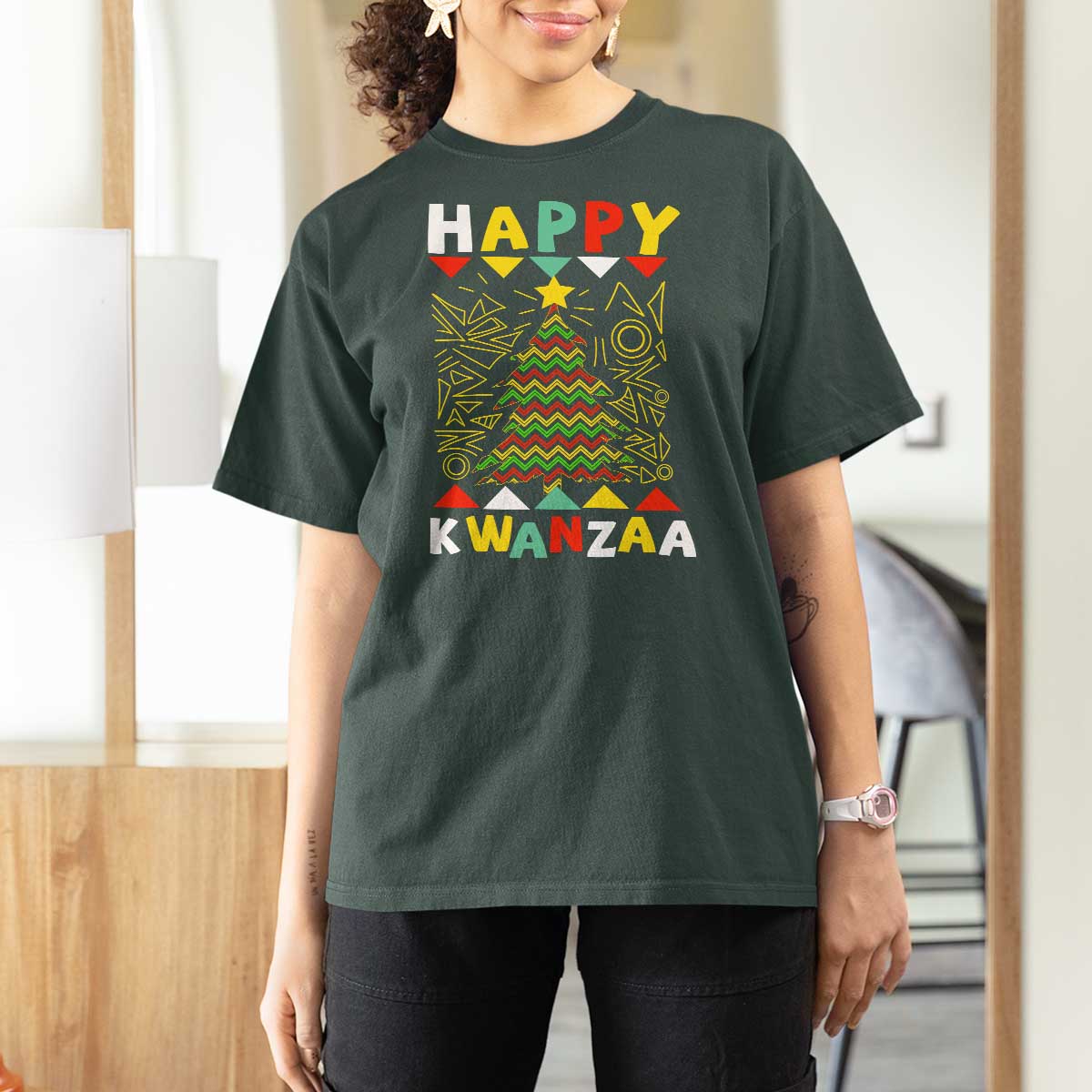 Happy Kwanzaa Christmas T Shirt For Women African American Holiday Christmas Tree - Wonder Print Shop