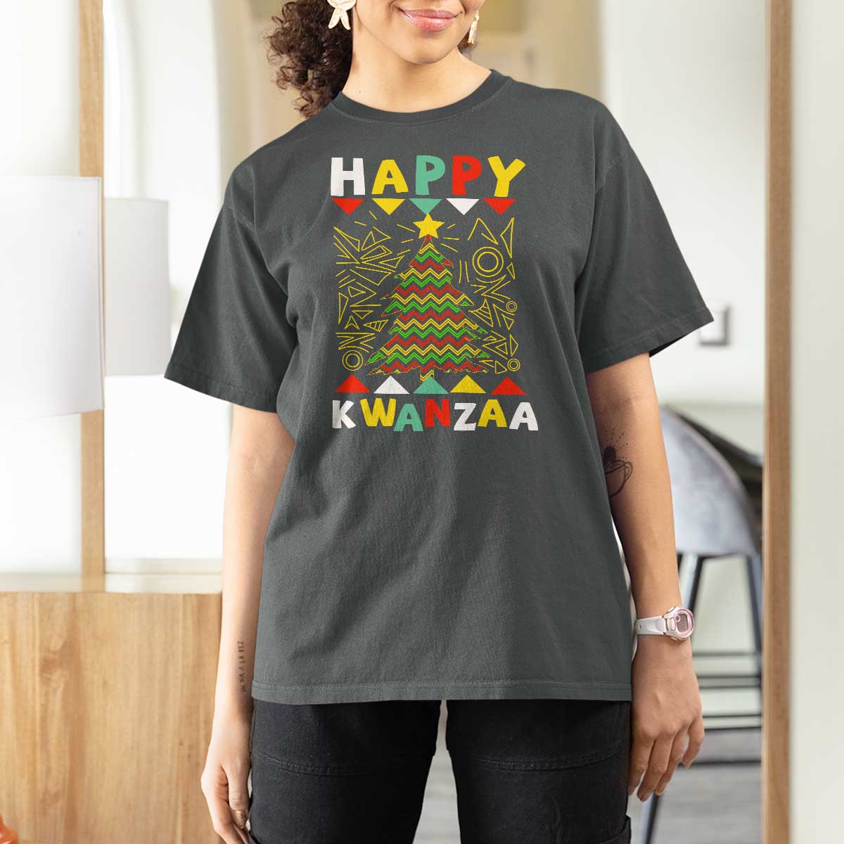 Happy Kwanzaa Christmas T Shirt For Women African American Holiday Christmas Tree - Wonder Print Shop