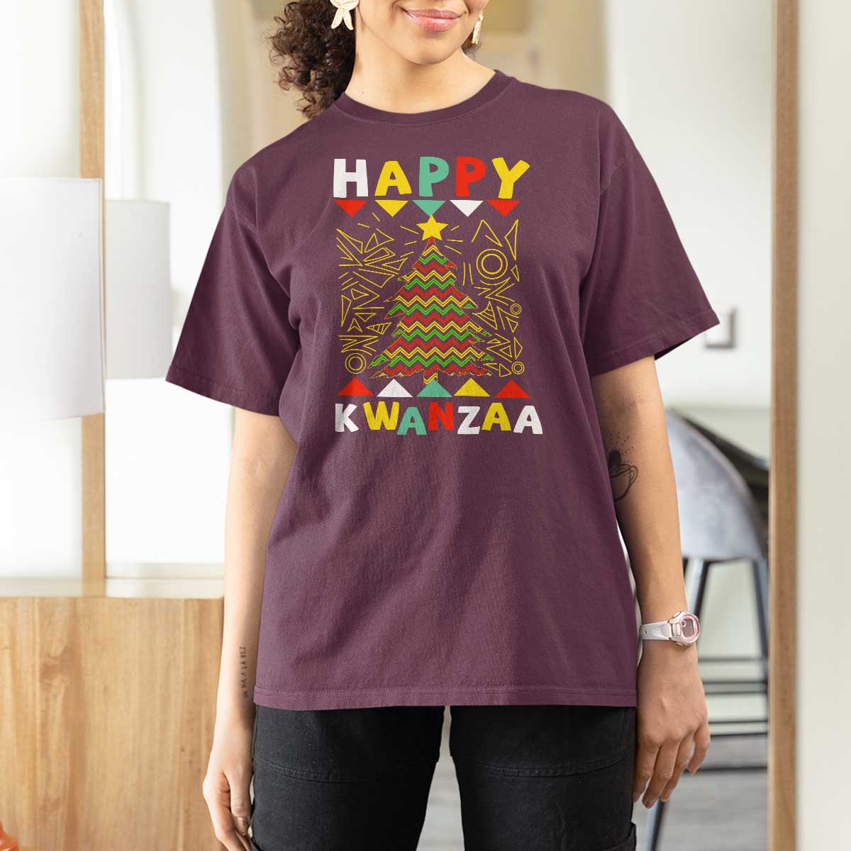 Happy Kwanzaa Christmas T Shirt For Women African American Holiday Christmas Tree - Wonder Print Shop