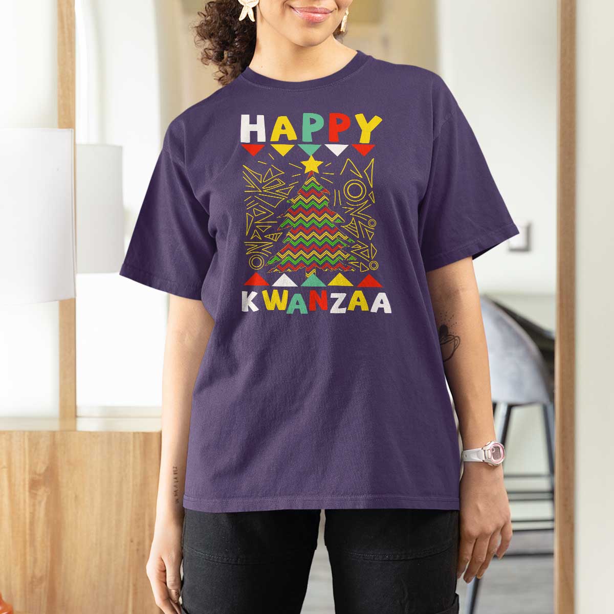 Happy Kwanzaa Christmas T Shirt For Women African American Holiday Christmas Tree - Wonder Print Shop