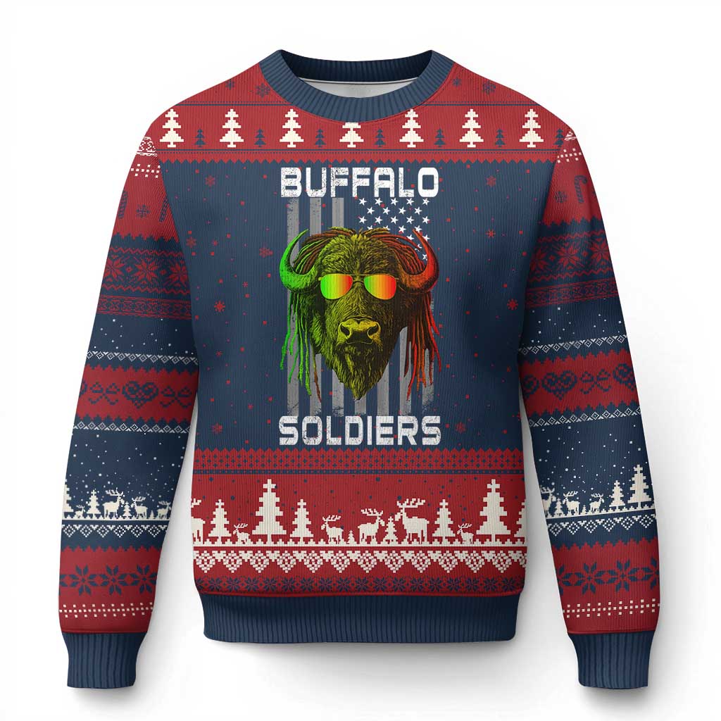 Retro Buffalo Soldiers Ugly Christmas Sweater 9th and 10th Cavalry African American Heros USA Flag - Wonder Print Shop