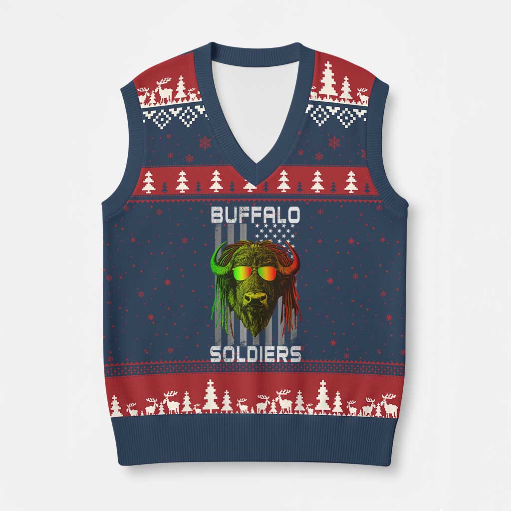 Retro Buffalo Soldiers V-Neck Knit Sweater Vest 9th and 10th Cavalry African American Heros USA Flag - Wonder Print Shop