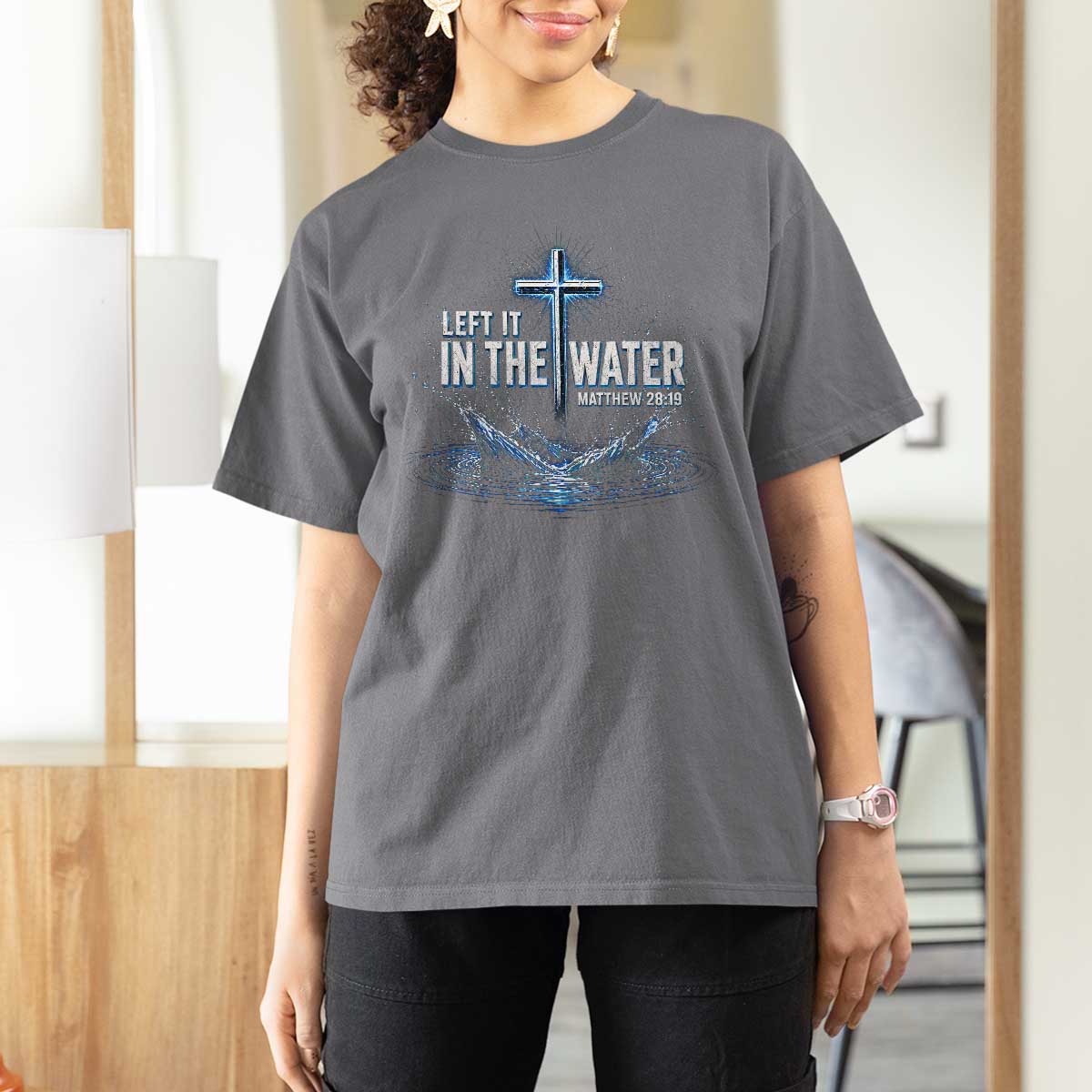 Baptism T Shirt For Women Left It In The Water Matthew 28 19 Christian Cross