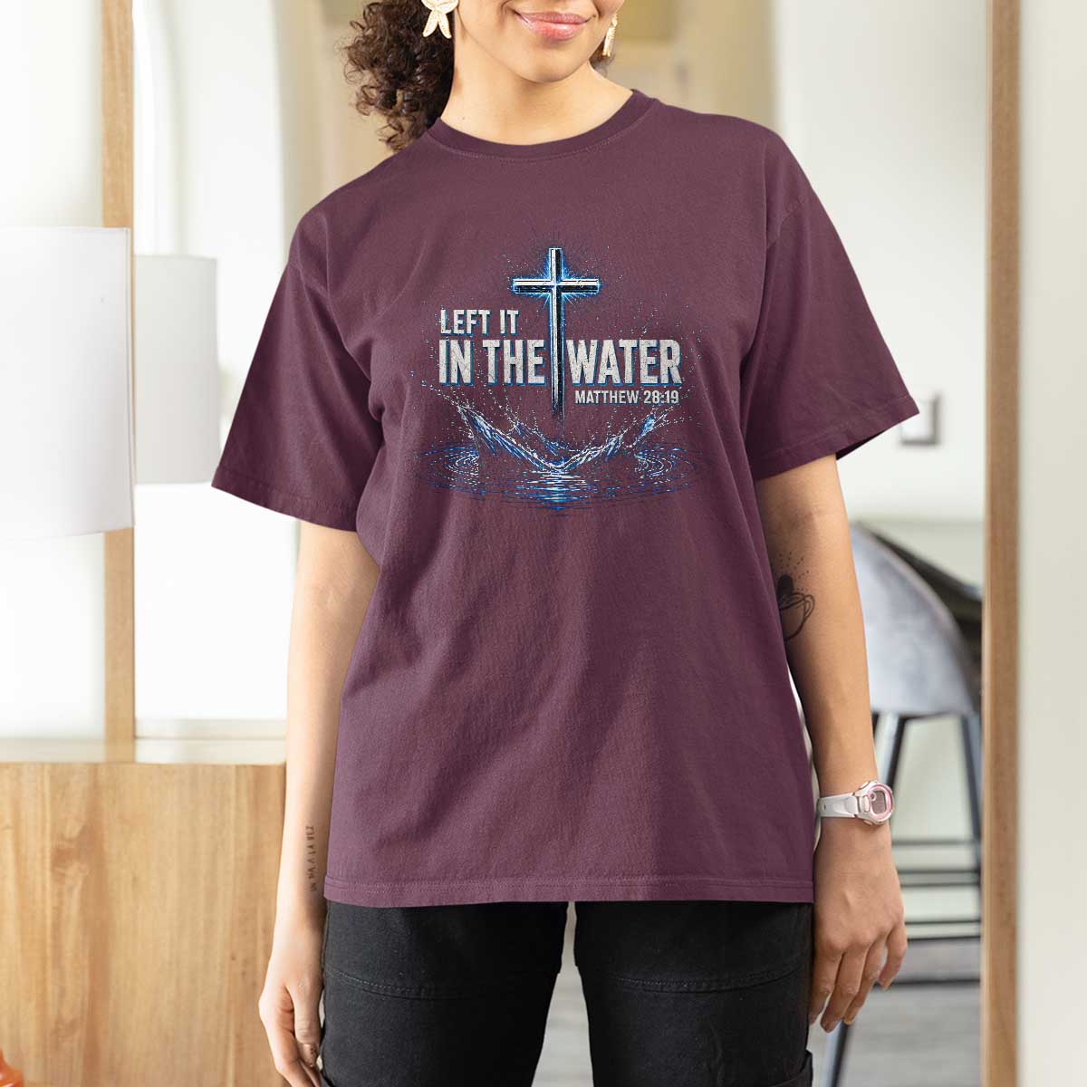 Baptism T Shirt For Women Left It In The Water Matthew 28 19 Christian Cross