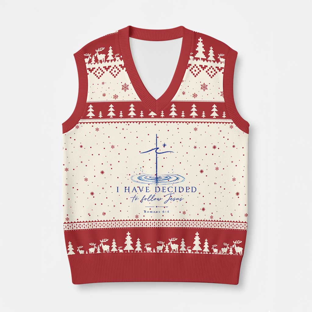 New Believer V-Neck Knit Sweater Vest I Have Decided To Follow Jesus In Baptism Cross Water