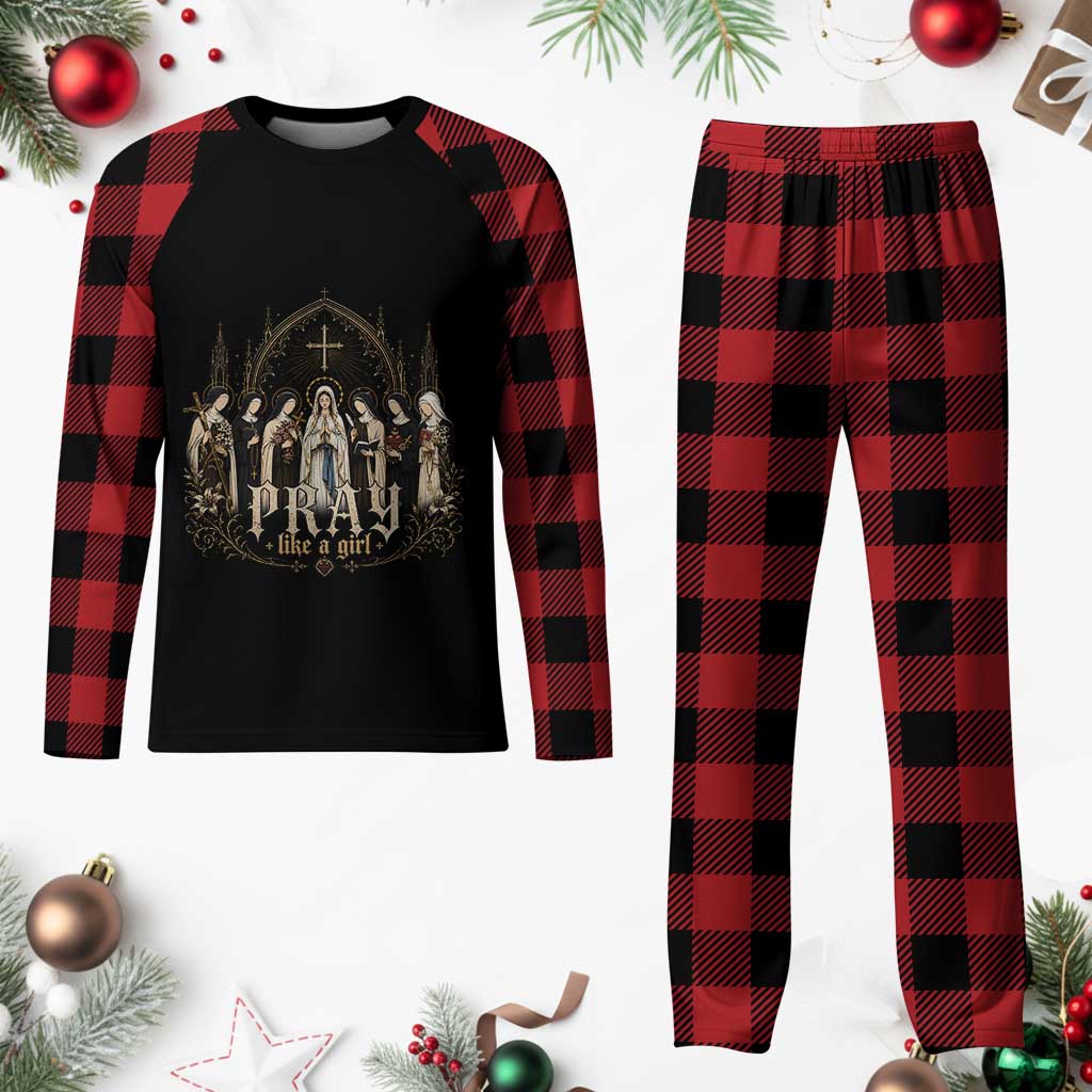 Catholic Saint Plaid Pajama Set Pray Like A Girl Vintage Christian Faith Inspired