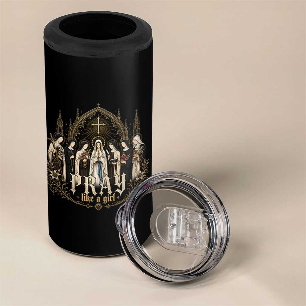 Catholic Saint 4 in 1 Can Cooler Tumbler Pray Like A Girl Vintage Christian Faith Inspired