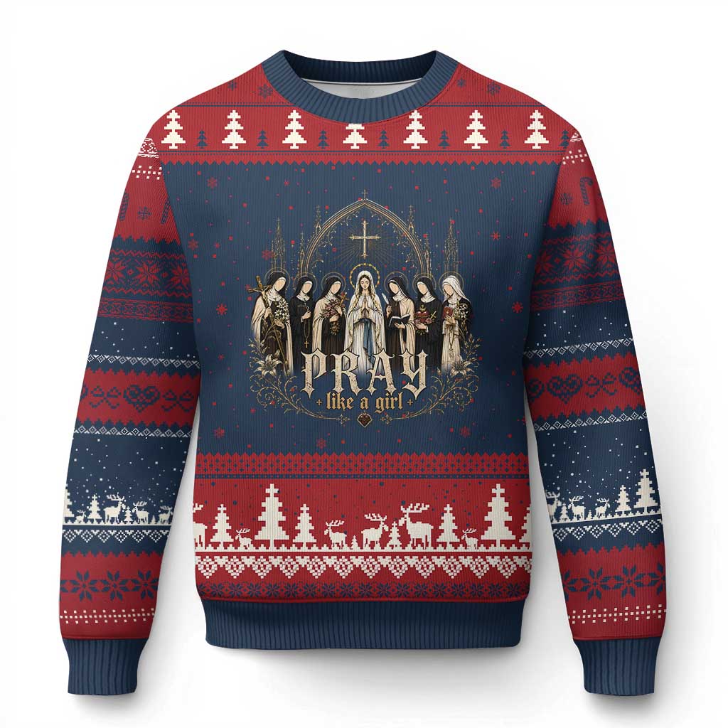 Catholic Saint Ugly Christmas Sweater Pray Like A Girl Vintage Christian Faith Inspired