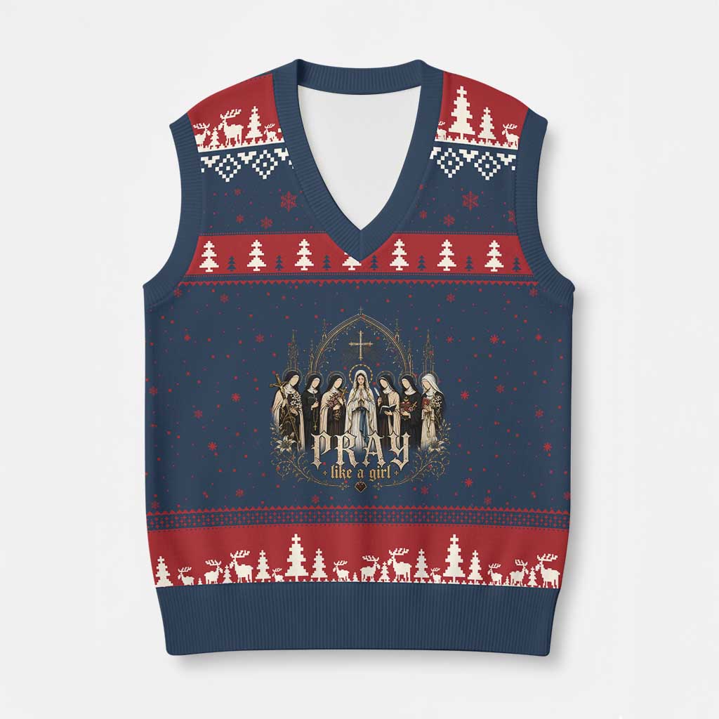 Catholic Saint V-Neck Knit Sweater Vest Pray Like A Girl Vintage Christian Faith Inspired