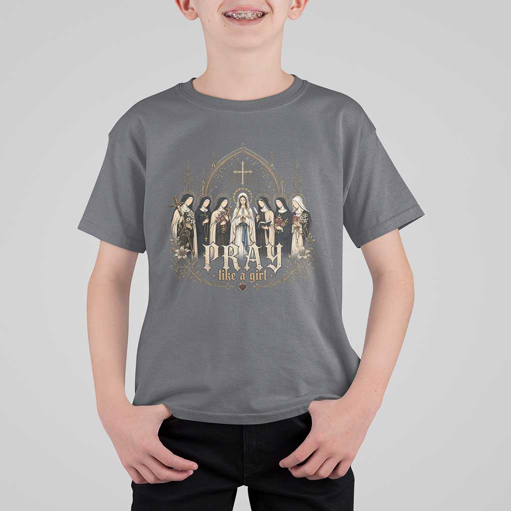 Catholic Saint T Shirt For Kid Pray Like A Girl Vintage Christian Faith Inspired
