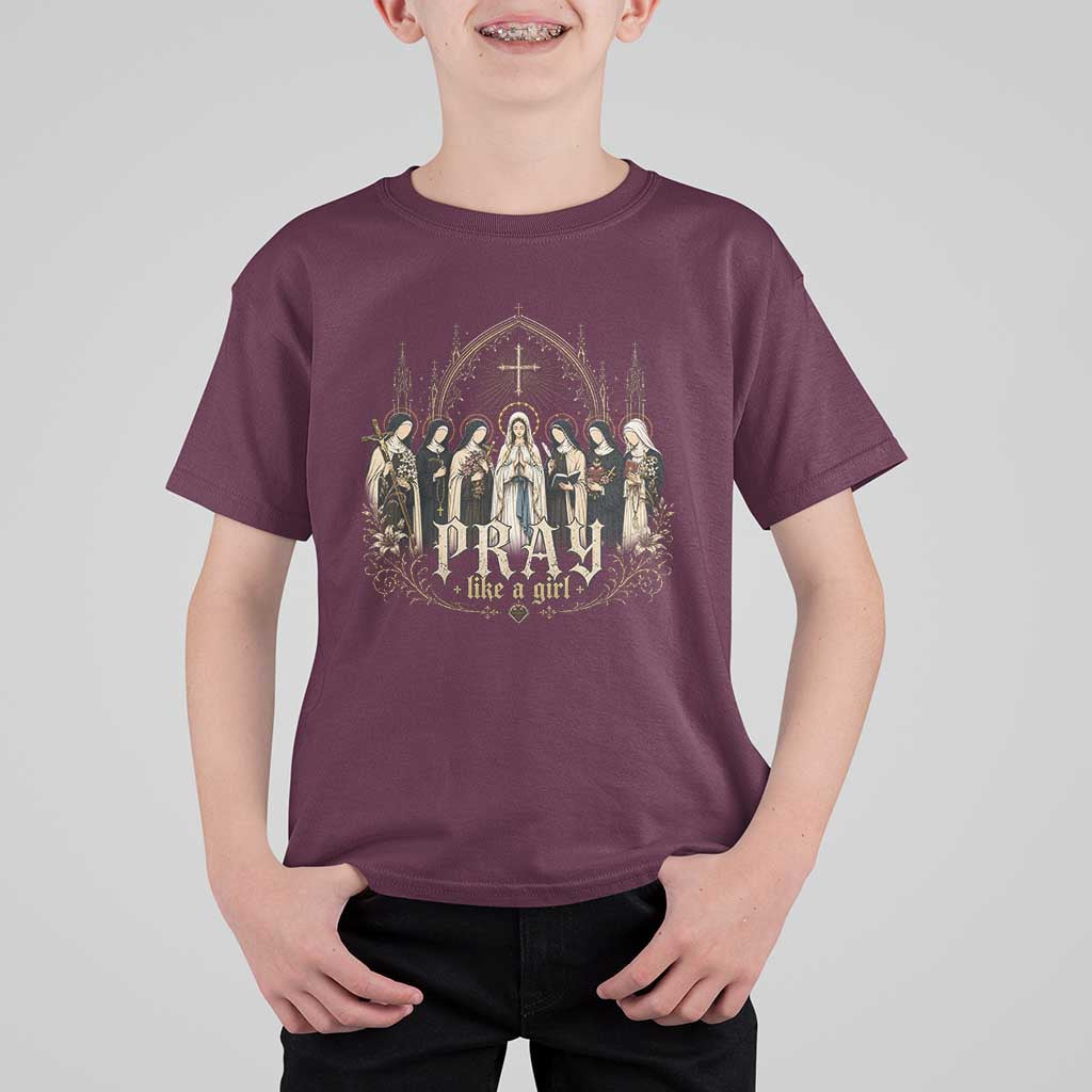 Catholic Saint T Shirt For Kid Pray Like A Girl Vintage Christian Faith Inspired