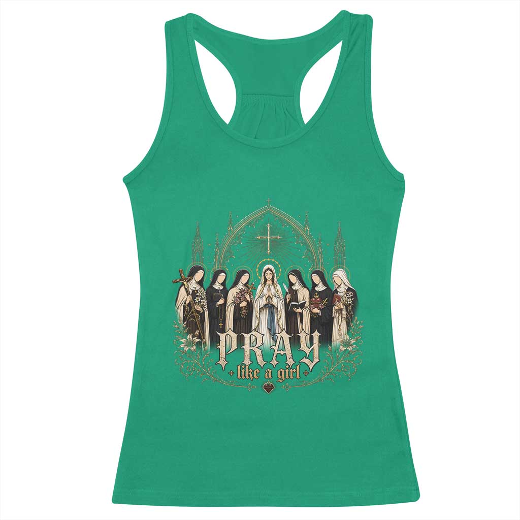 Catholic Saint Racerback Tank Top Pray Like A Girl Vintage Christian Faith Inspired