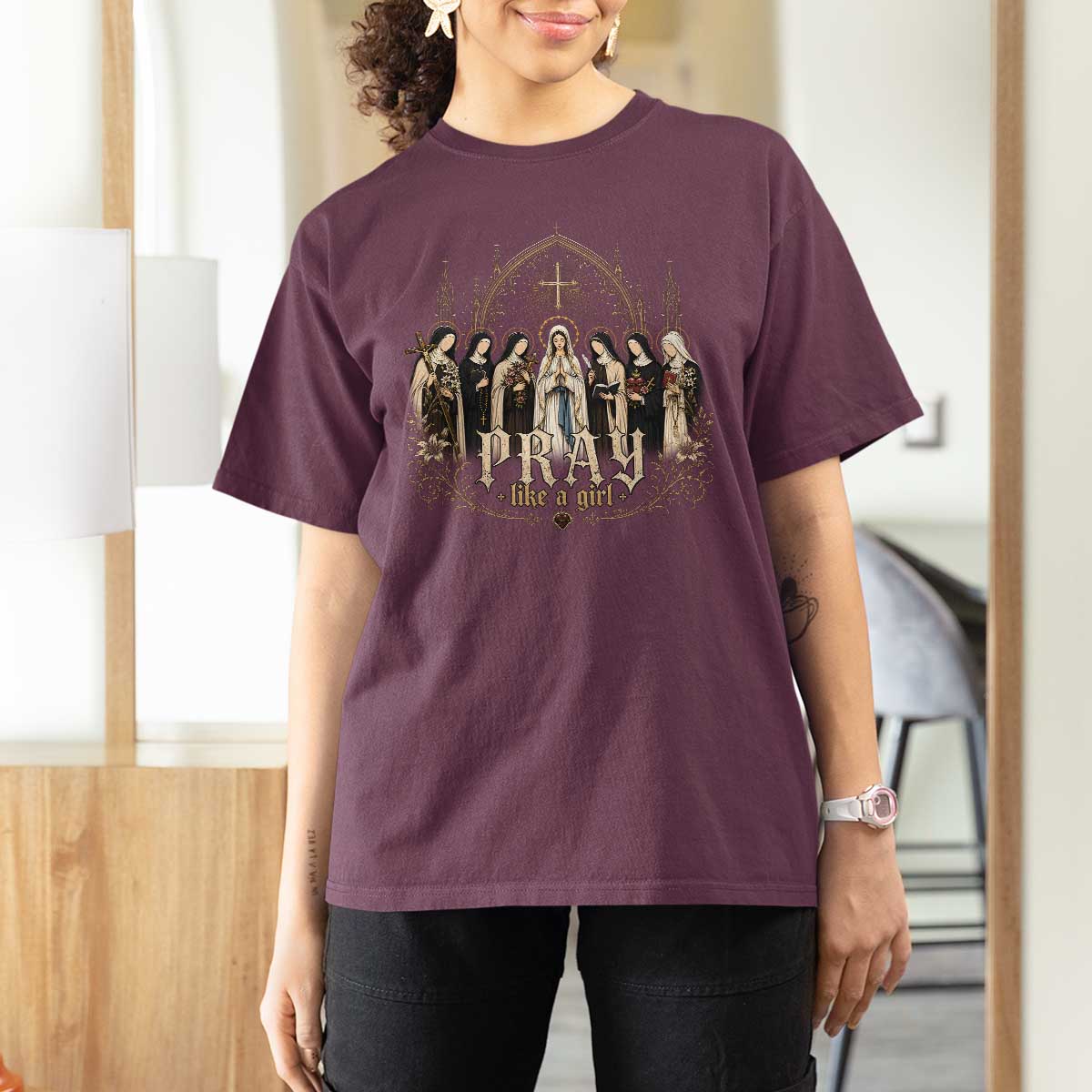 Catholic Saint T Shirt For Women Pray Like A Girl Vintage Christian Faith Inspired