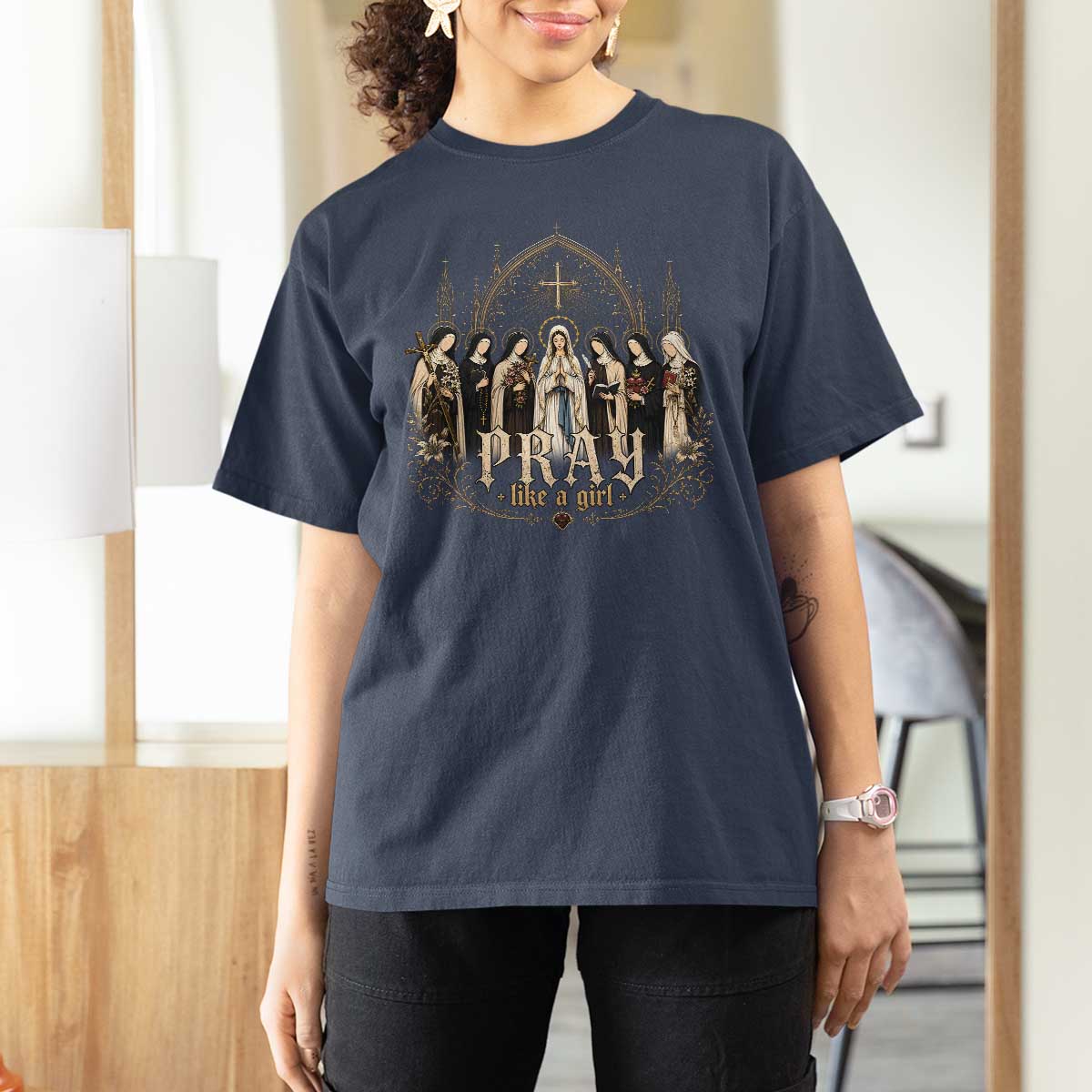 Catholic Saint T Shirt For Women Pray Like A Girl Vintage Christian Faith Inspired