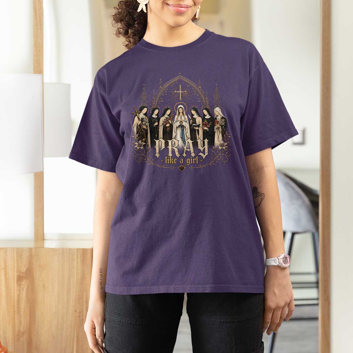 Catholic Saint T Shirt For Women Pray Like A Girl Vintage Christian Faith Inspired