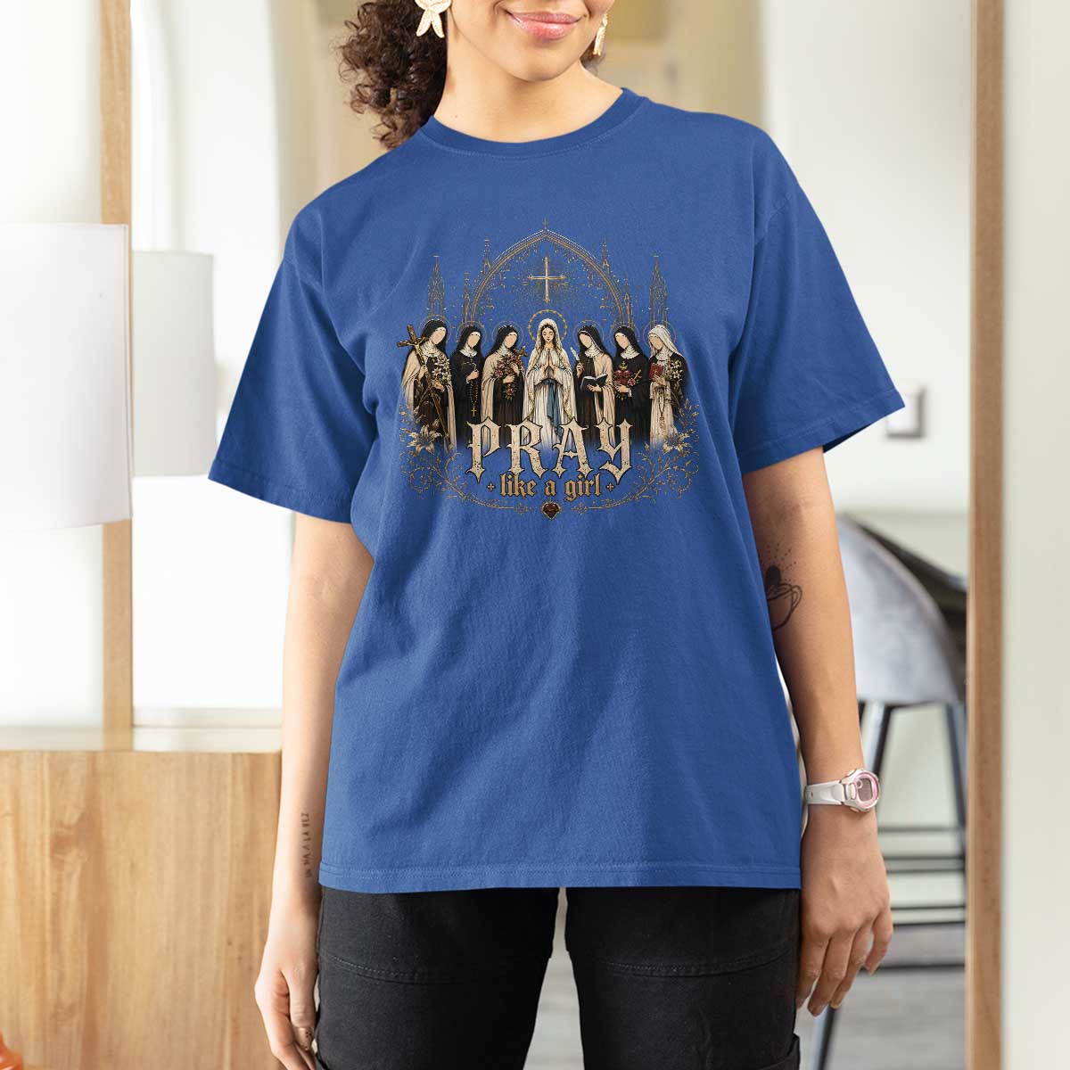Catholic Saint T Shirt For Women Pray Like A Girl Vintage Christian Faith Inspired