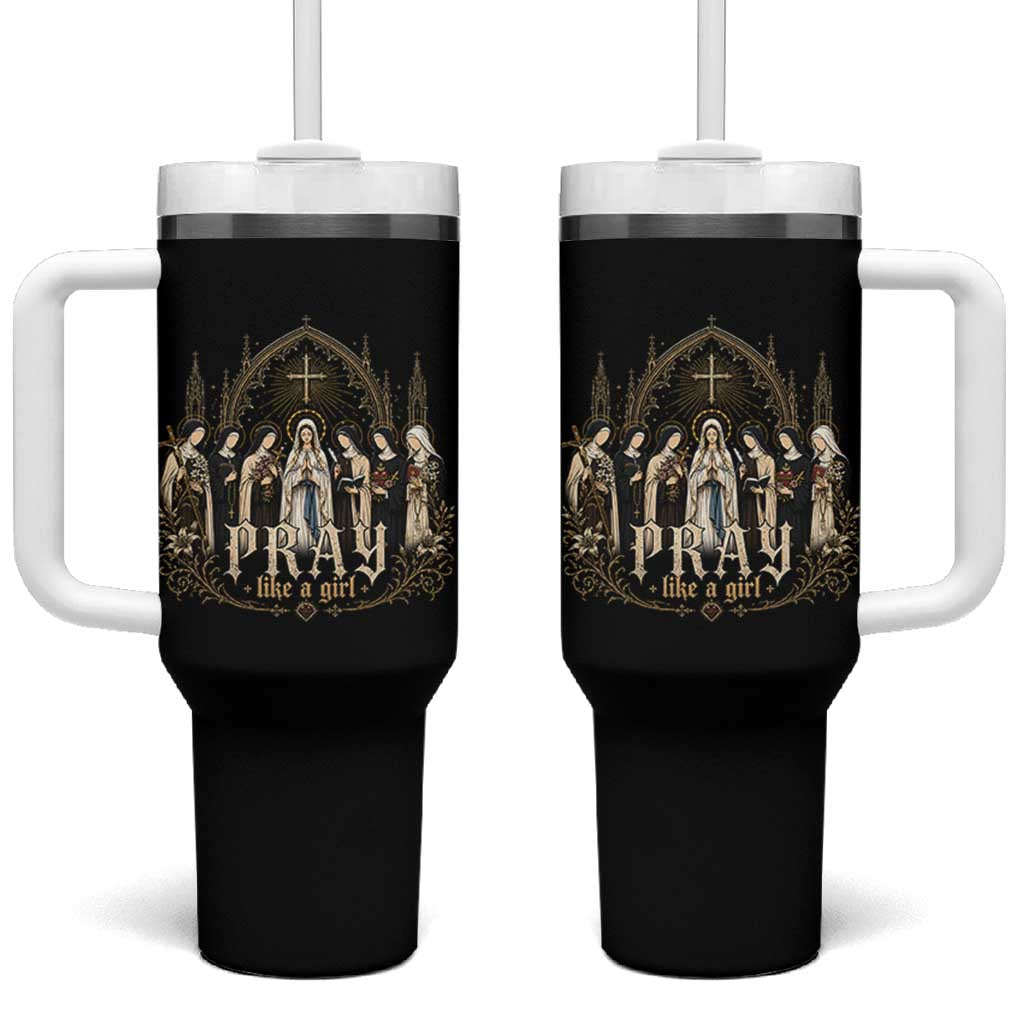 Catholic Saint Tumbler With Handle Pray Like A Girl Vintage Christian Faith Inspired