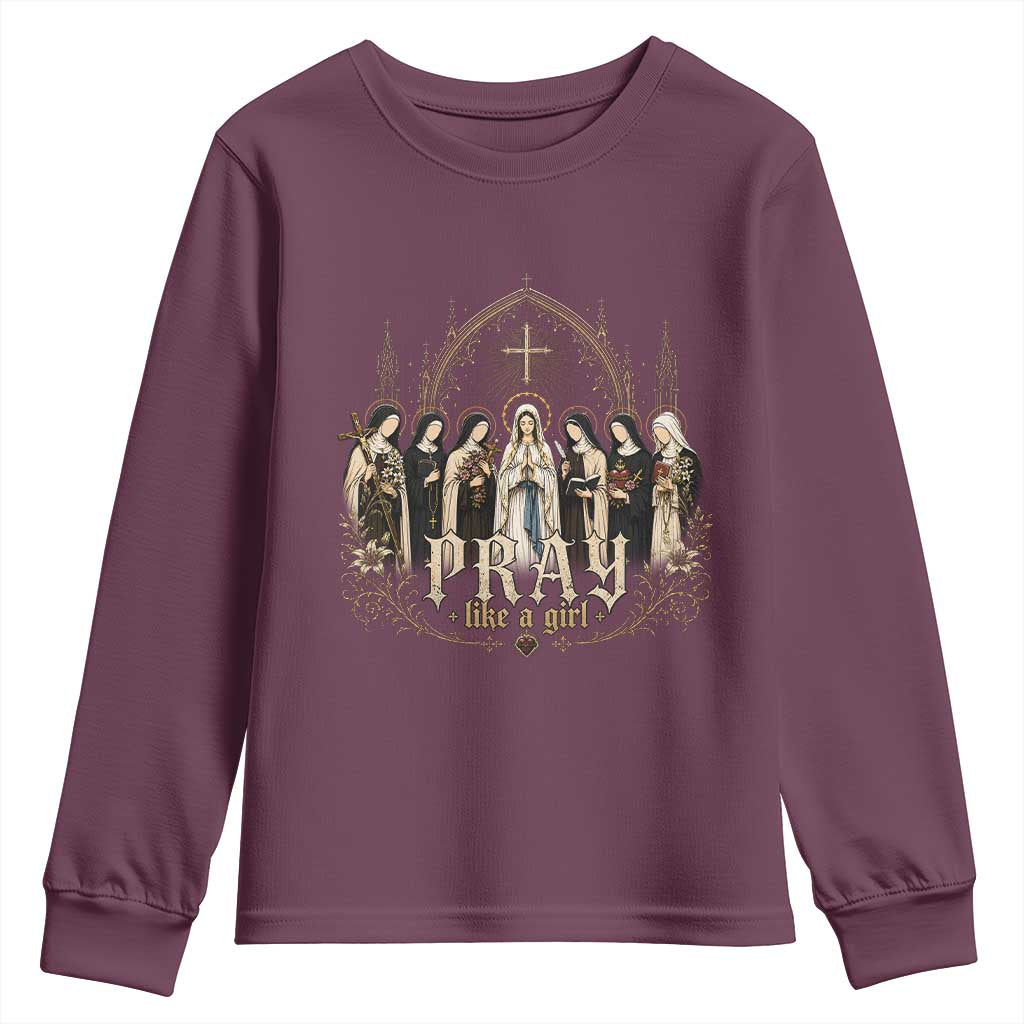Catholic Saint Youth Sweatshirt Pray Like A Girl Vintage Christian Faith Inspired