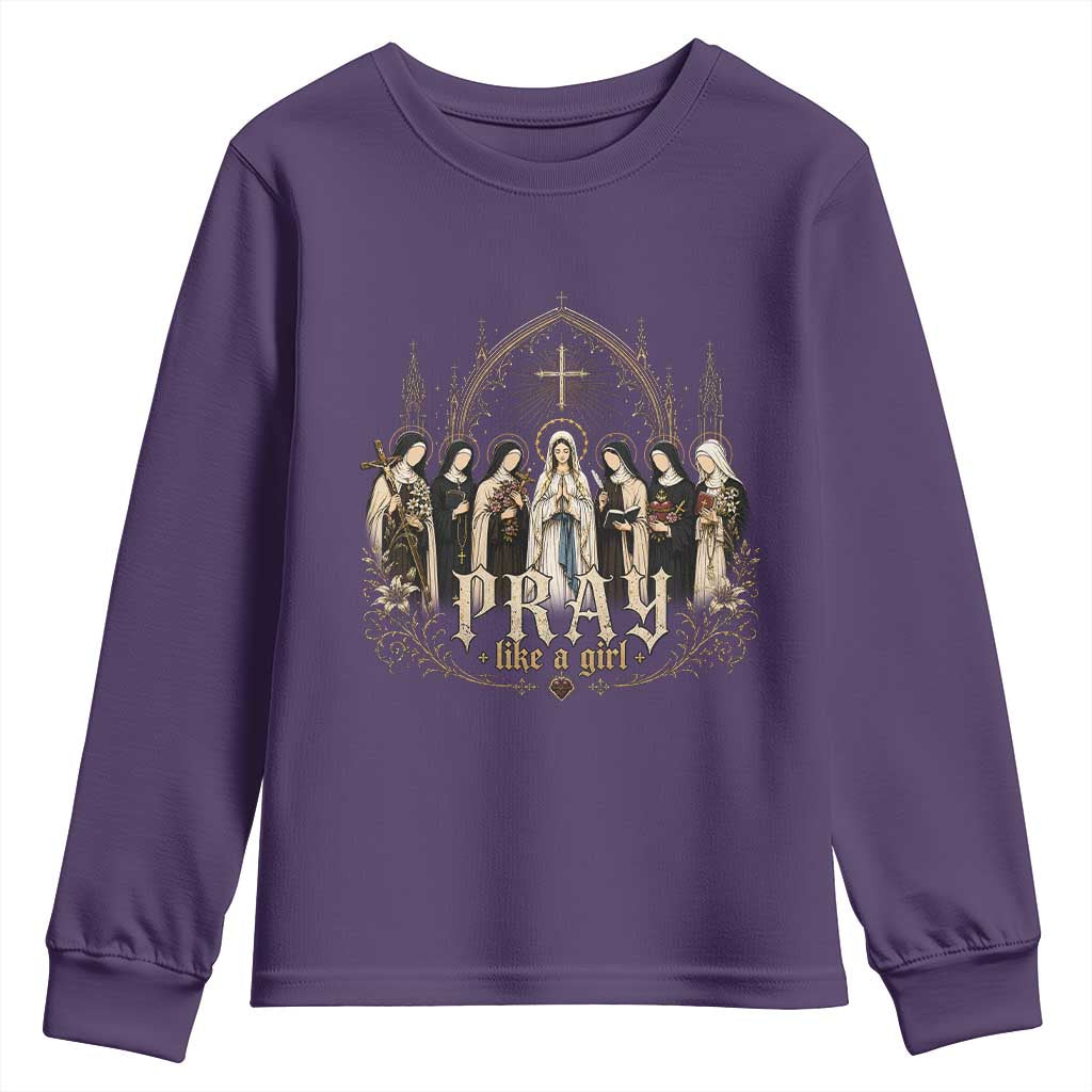Catholic Saint Youth Sweatshirt Pray Like A Girl Vintage Christian Faith Inspired