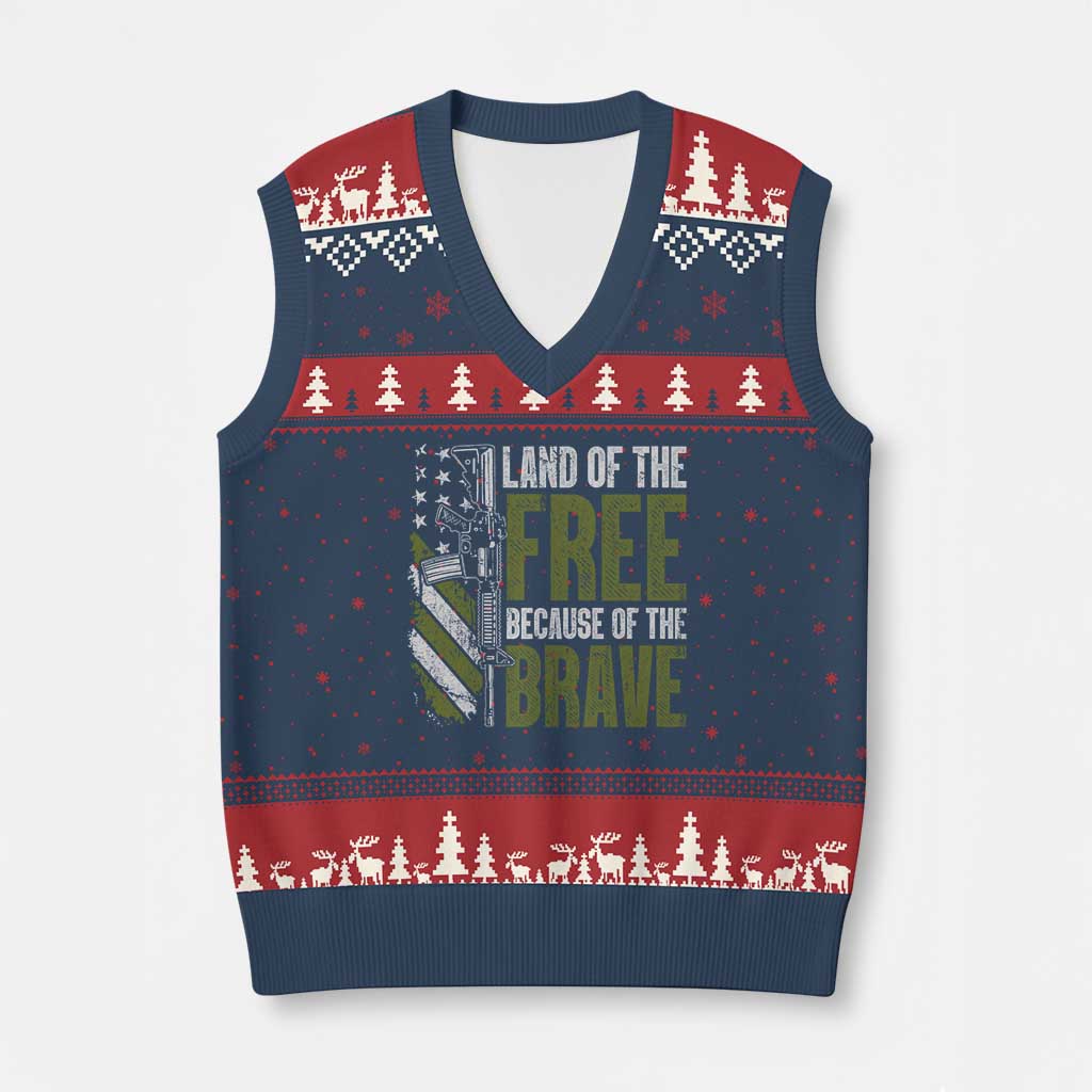 Land of the Free Because of the Brave V-Neck Knit Sweater Vest Gun American Flag - Wonder Print Shop
