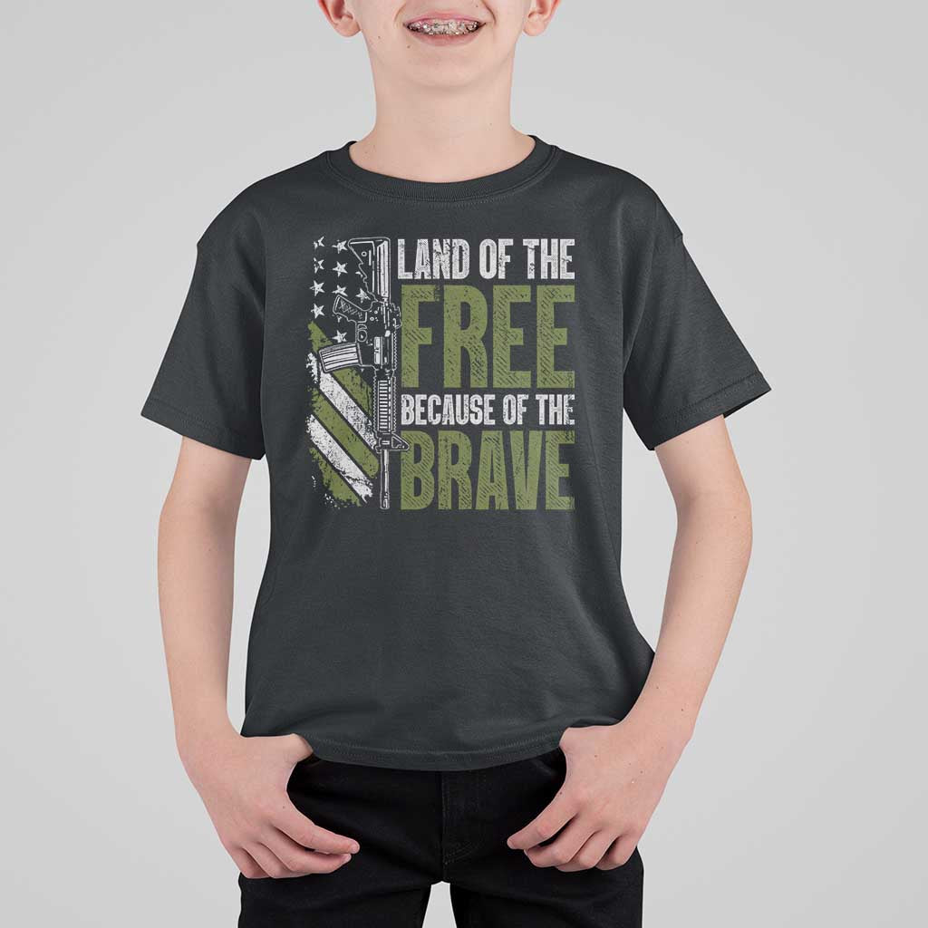 Land of the Free Because of the Brave T Shirt For Kid Gun American Flag - Wonder Print Shop
