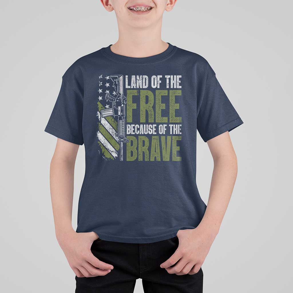 Land of the Free Because of the Brave T Shirt For Kid Gun American Flag - Wonder Print Shop