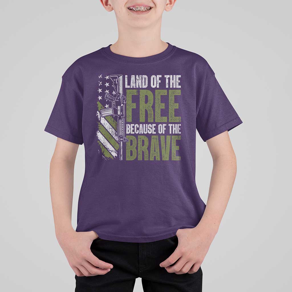 Land of the Free Because of the Brave T Shirt For Kid Gun American Flag - Wonder Print Shop