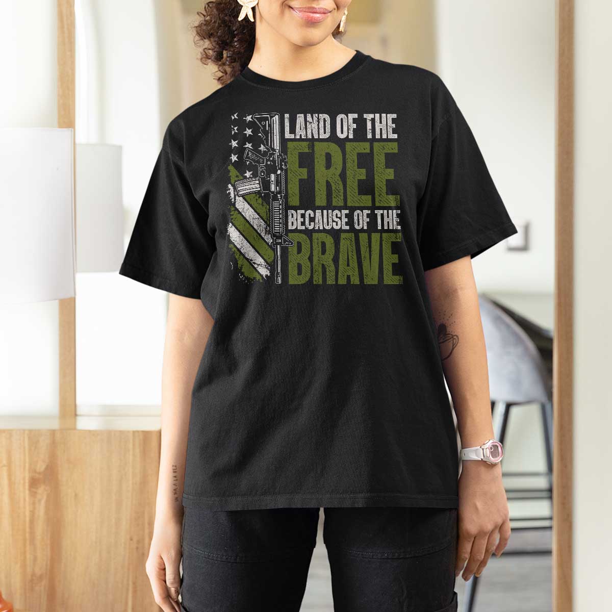 Land of the Free Because of the Brave T Shirt For Women Gun American Flag - Wonder Print Shop