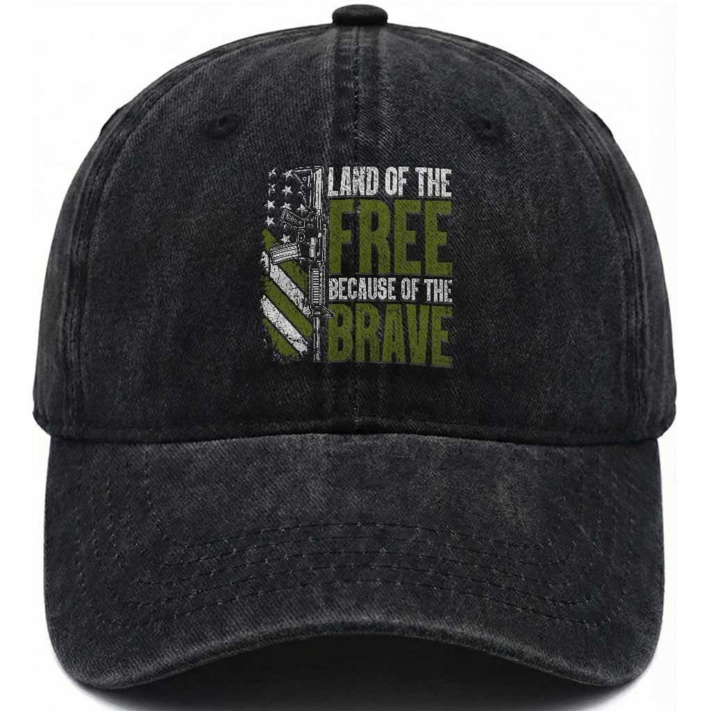 Land of the Free Because of the Brave Washed Cotton Baseball Cap Gun American Flag