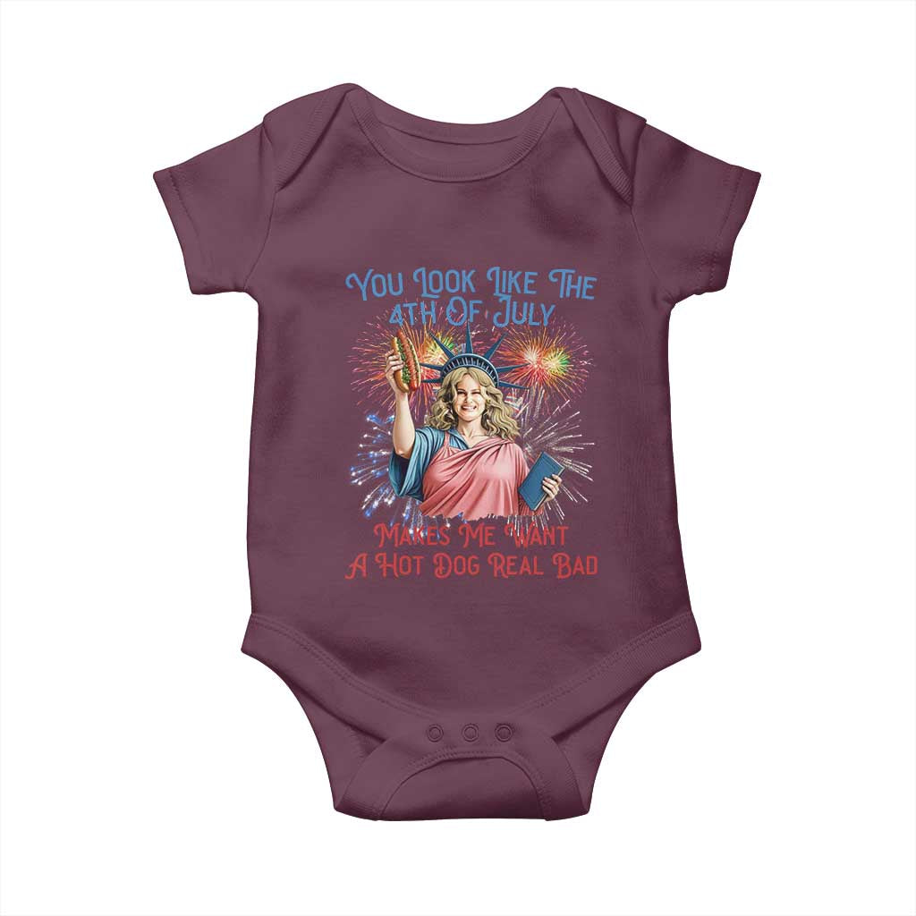 You Look Like The 4th Of July Makes Me Want A Hot Dog Real Bad Baby Onesie Funny 4th July Hot Dog Meme - Wonder Print Shop