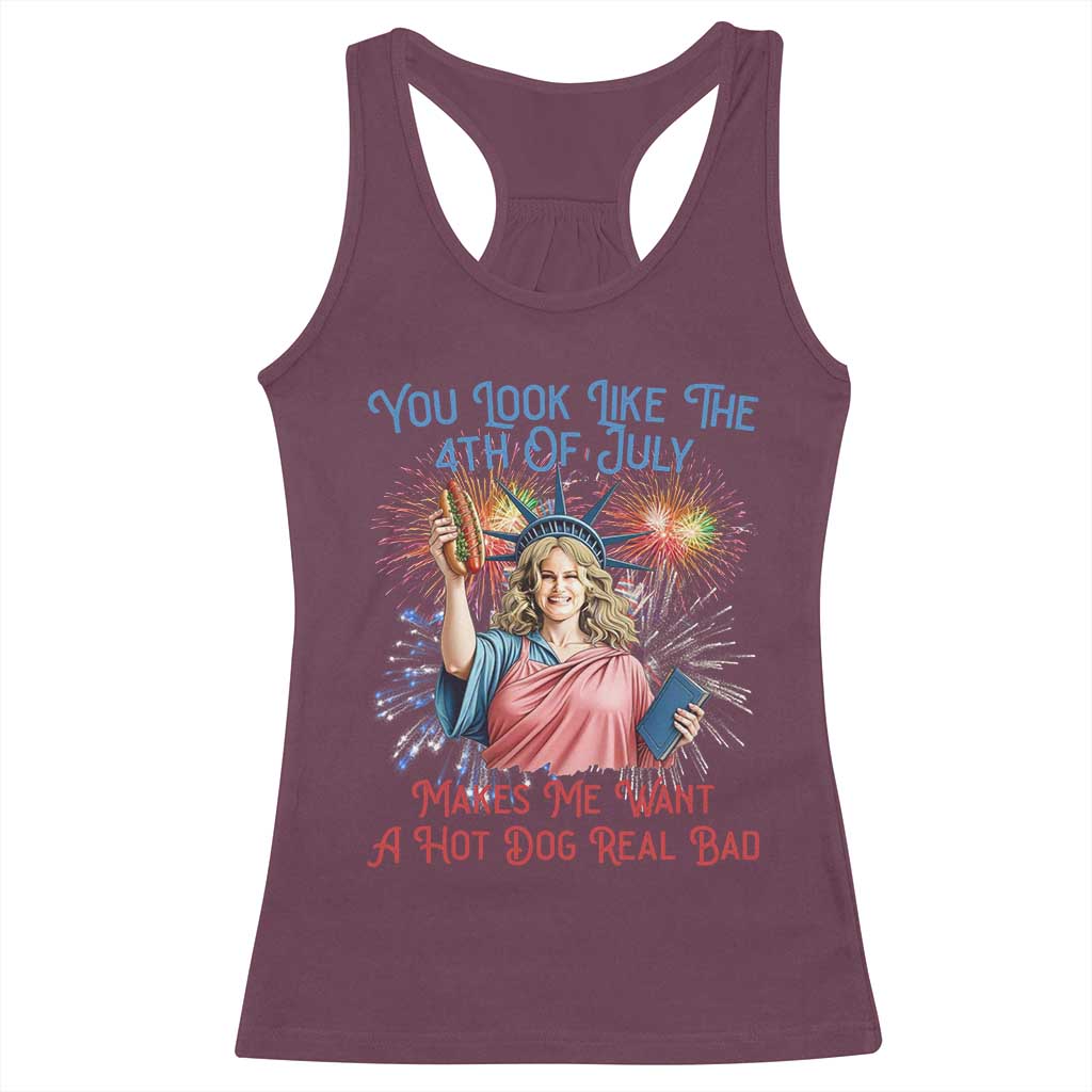 You Look Like The 4th Of July Makes Me Want A Hot Dog Real Bad Racerback Tank Top Funny 4th July Hot Dog Meme - Wonder Print Shop